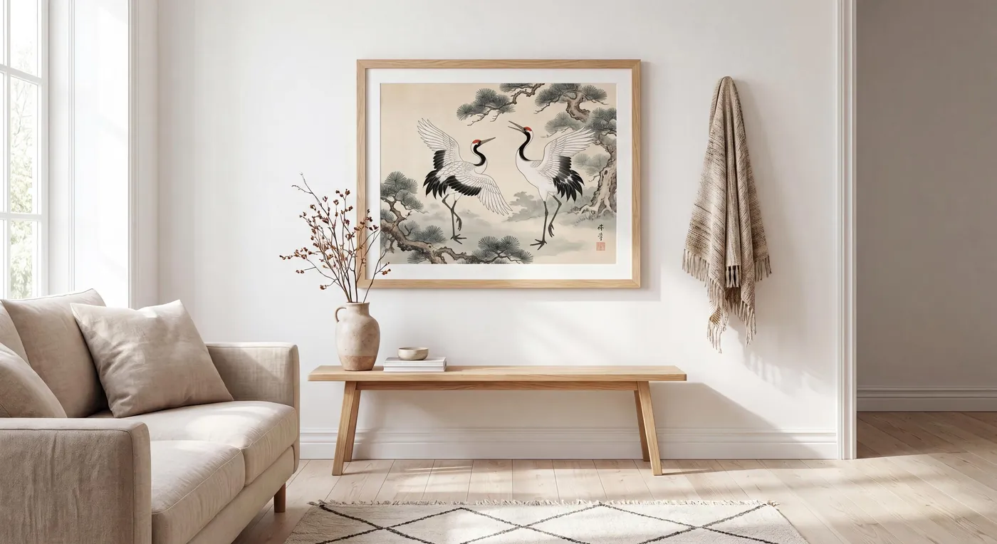 Japanese Wall Art | Red Crowned Cranes Dancing Sumi-e Ink Print | Black and White Zen Decor | Digital Download