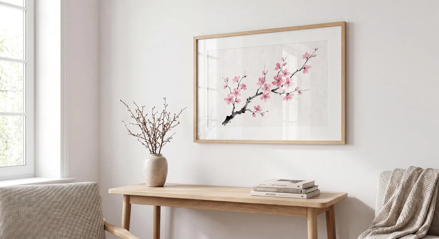 Botanical Wall Art | Cherry Blossom Branch Sumi-e Ink Print | Black and White Zen Decor | Digital Download