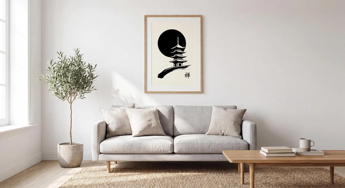 Japanese Wall Art | Full Moon Pagoda Silhouette Sumi-e Ink Print | Black and White Zen Decor | Digital Download