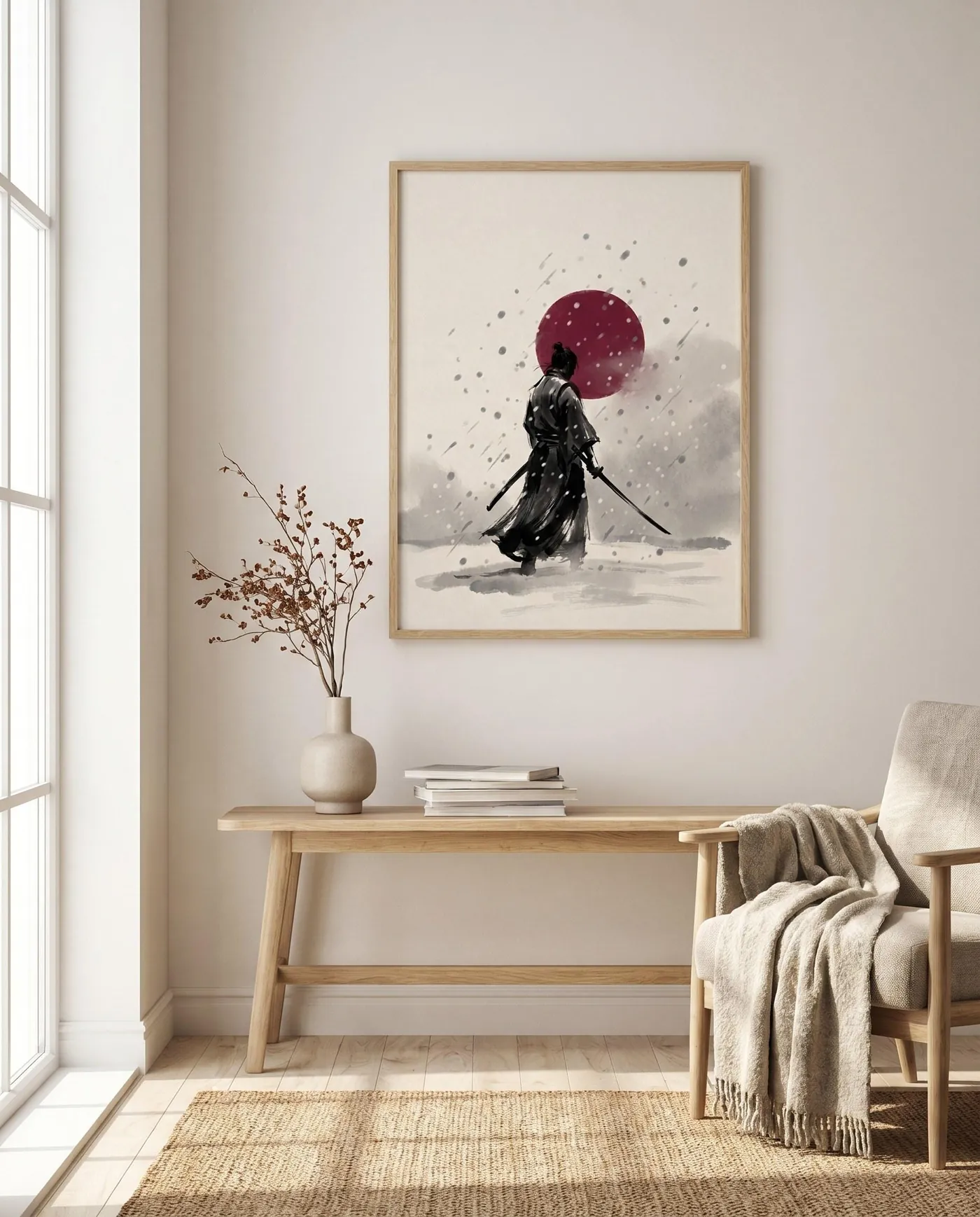 Samurai Wall Art | Japandi Lone Snow Red Sumi-e Ink Print | Black and White Zen Decor | Digital Download | Printable Wall Art