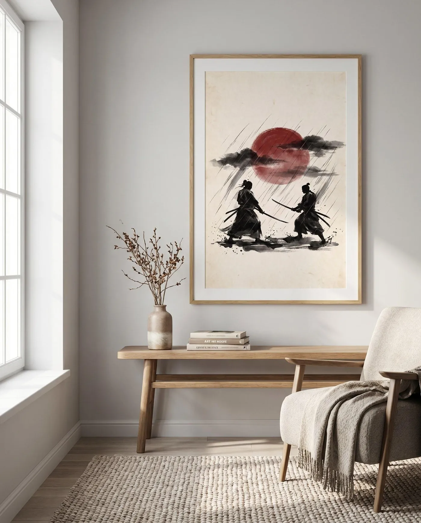 Samurai Wall Art | Rain Duel Katana Sumi-e Ink Print | Black and White Zen Decor | Digital Download | Printable Wall Art