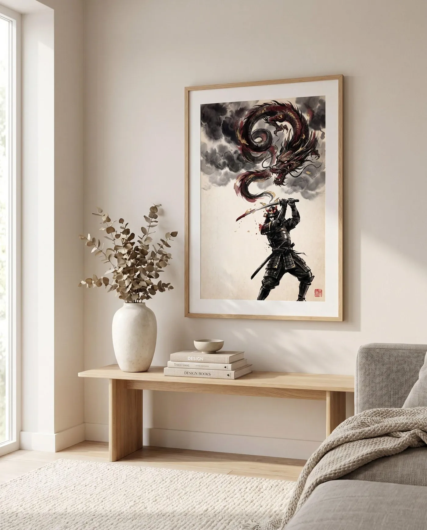 Japanese Wall Art | Mythical Samurai Storm Sky Sumi-e Ink Print | Black and White Zen Decor | Digital Download