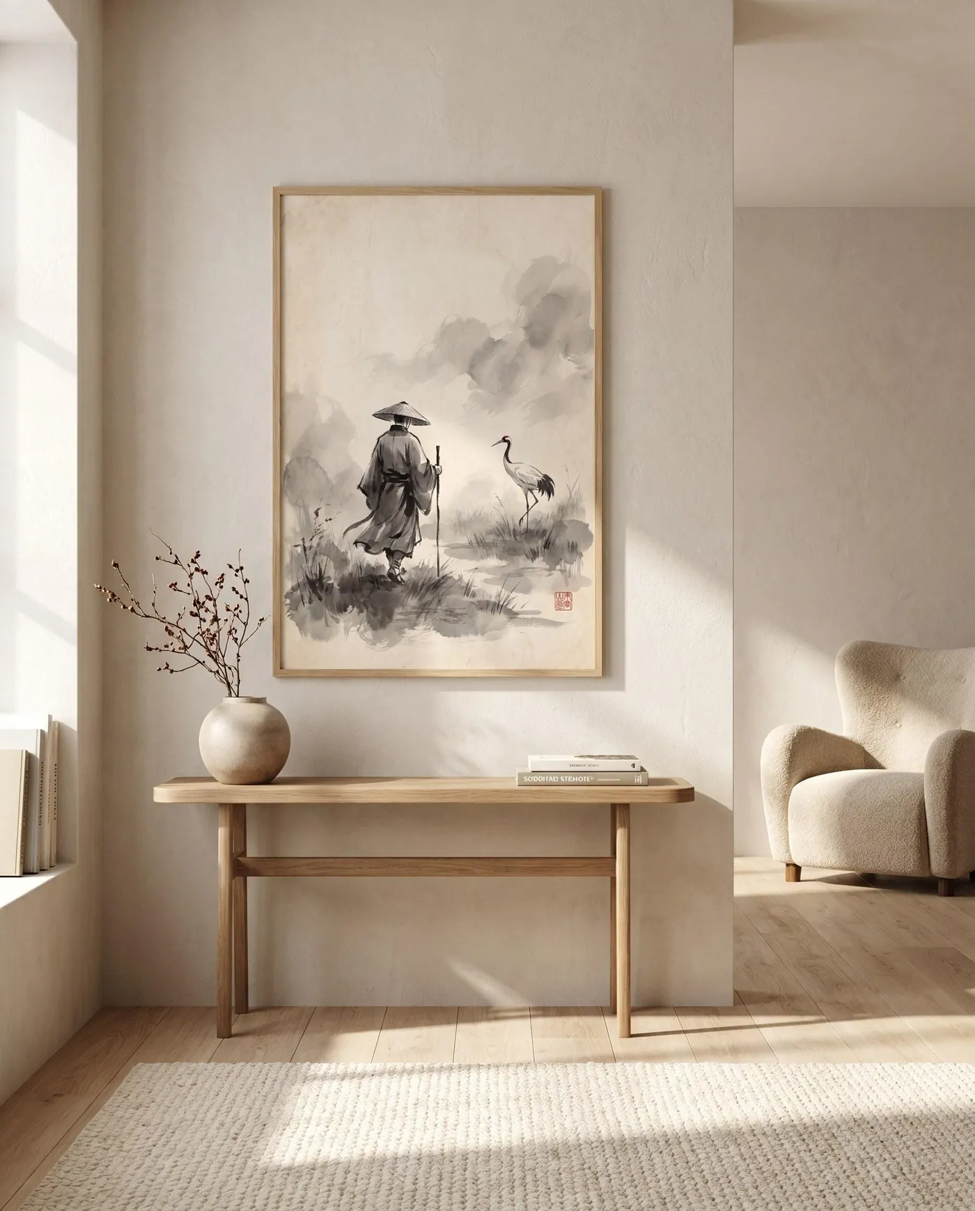 Japanese Wall Art | Marsh Crane Sumi-e Ink Print | Black and White Zen Decor | Digital Download | Printable Wall Art
