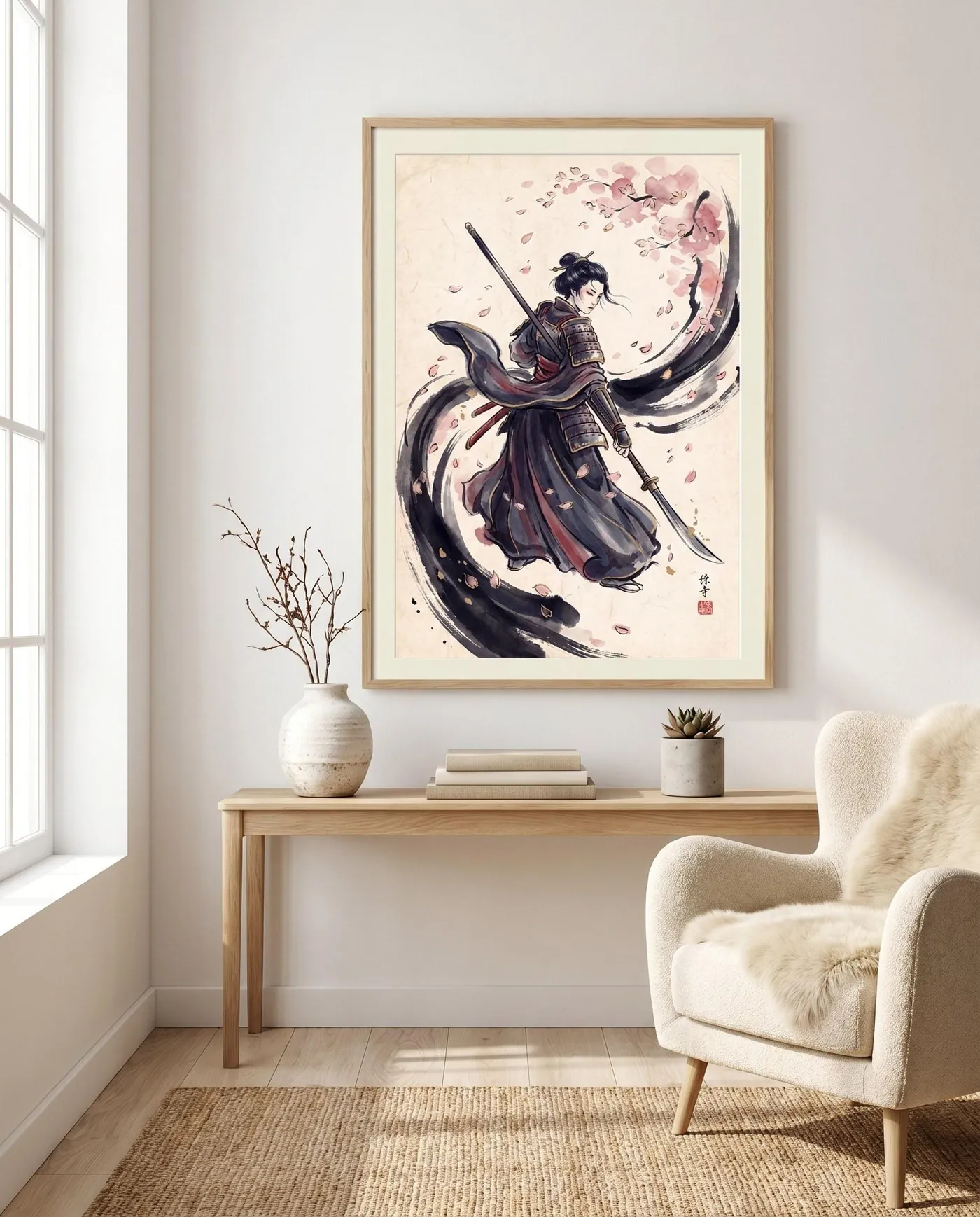 Samurai Wall Art | Onna Bugeisha Female Cherry Blossom Sumi-e Ink Print | Black and White Zen Decor | Digital Download