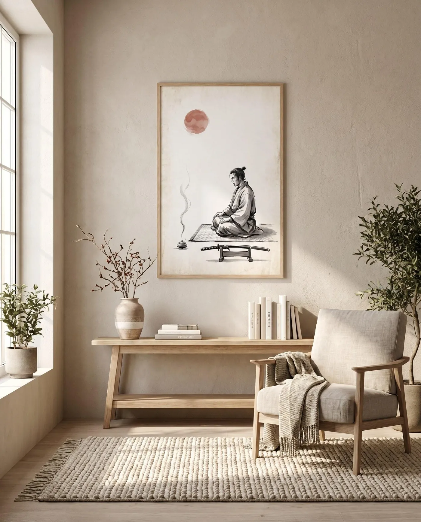 Samurai Wall Art | Japandi Meditating Sumi-e Ink Print | Black and White Zen Decor | Digital Download | Printable Wall Art