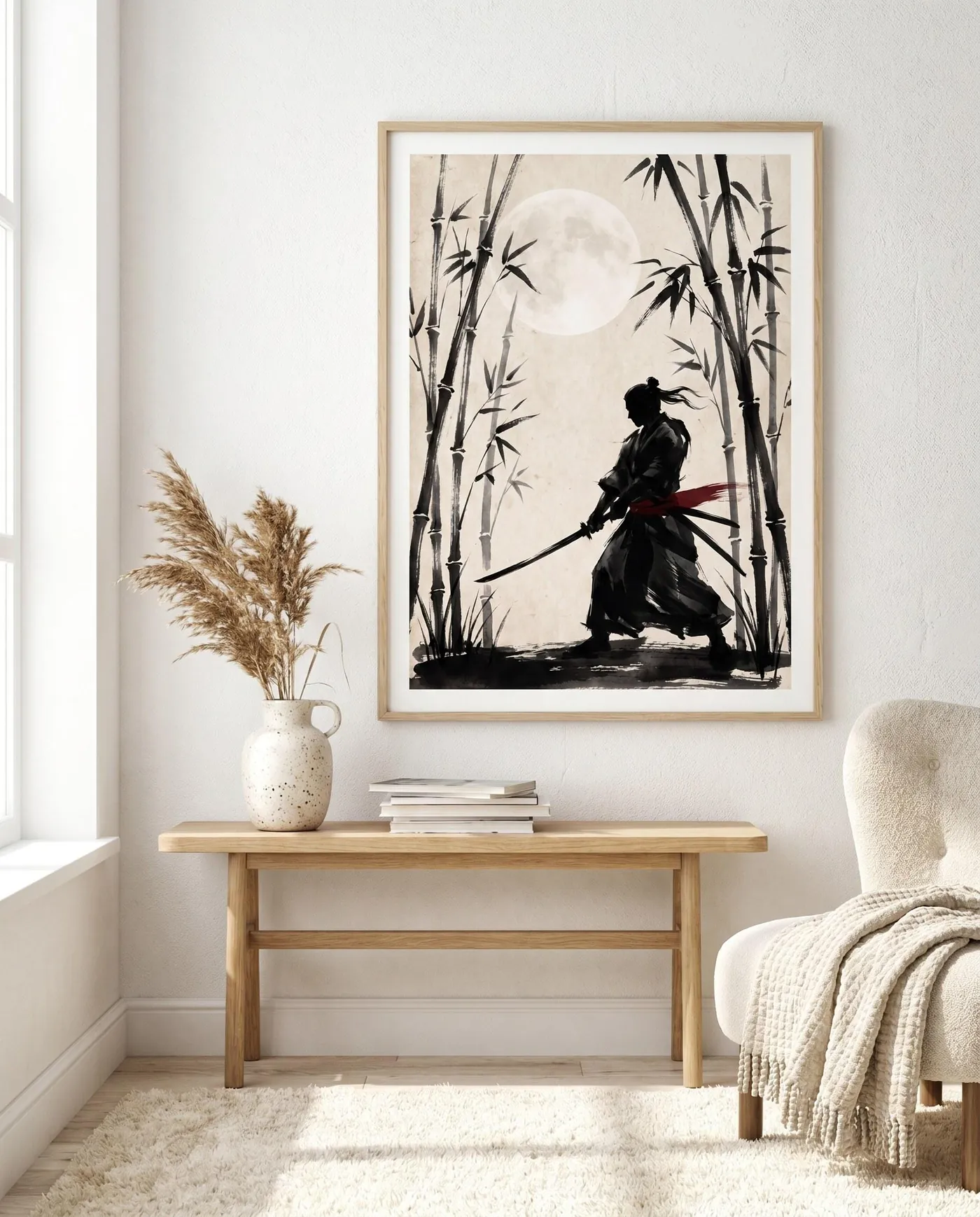 Japanese Wall Art | Moonlit Bamboo Grove Sumi-e Ink Print | Black and White Zen Decor | Digital Download | Printable Wall Art