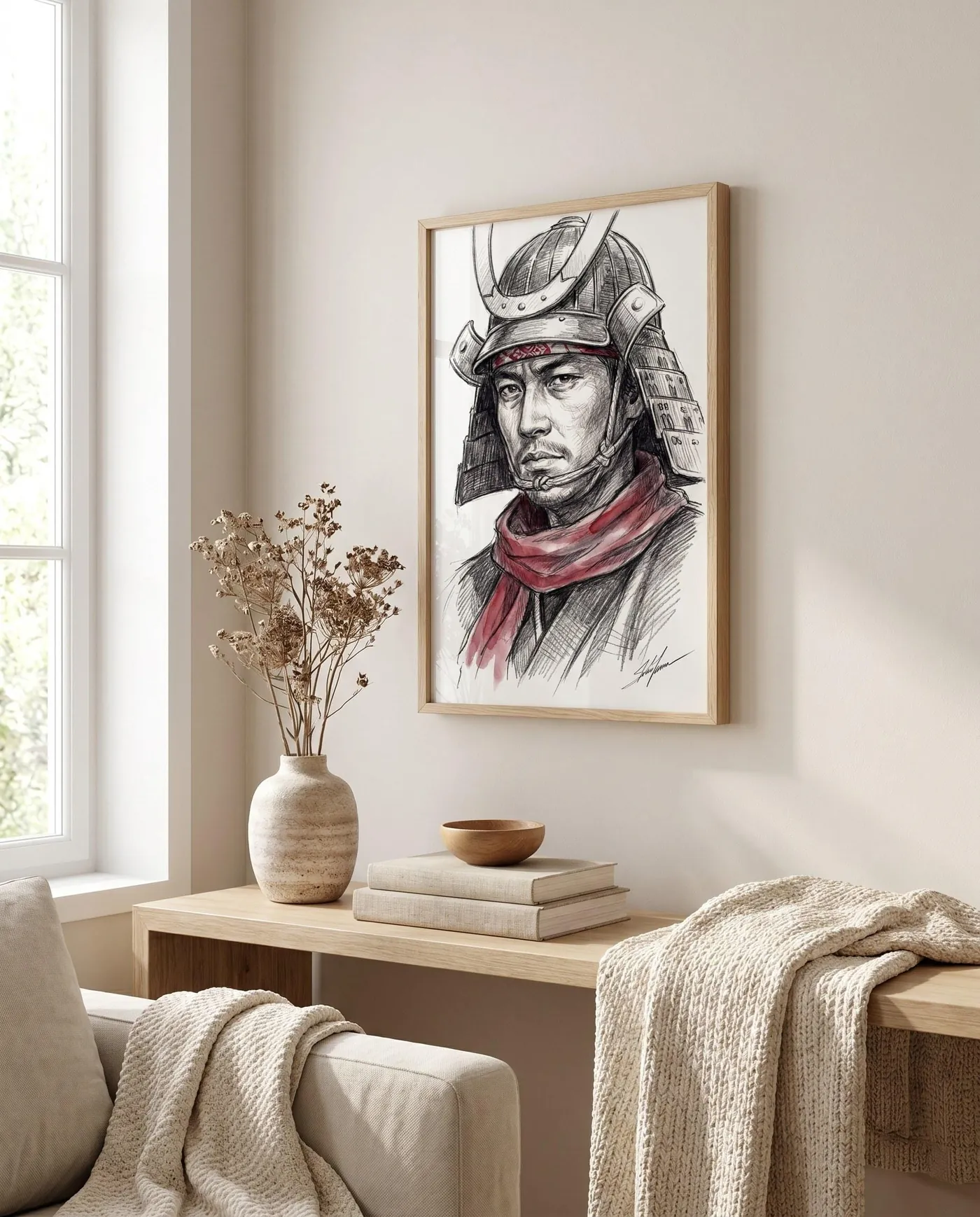 Samurai Wall Art | Red Scarf Sketch Sumi-e Ink Print | Black and White Zen Decor | Digital Download | Printable Wall Art