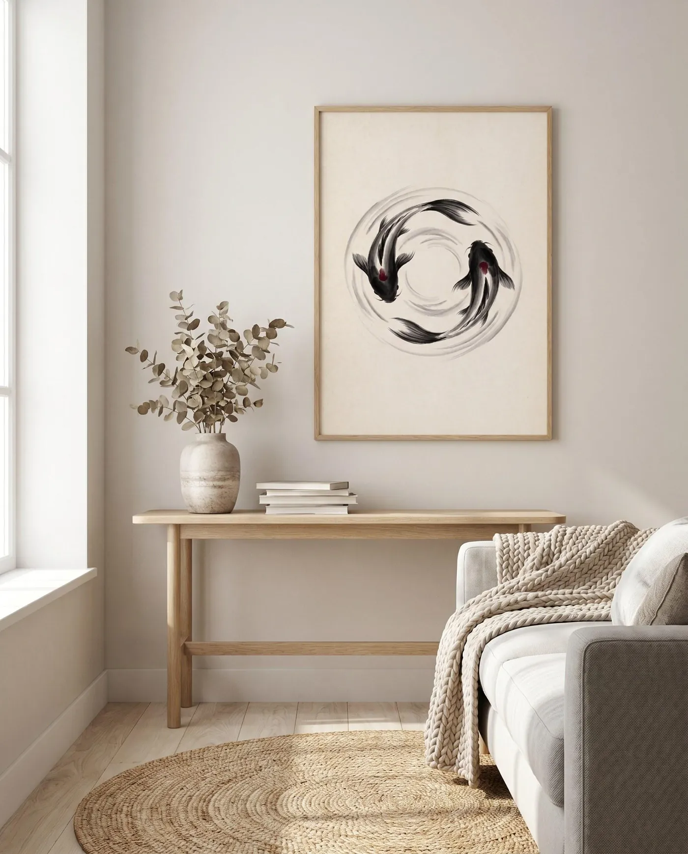 Koi Fish Wall Art | Japandi Yin Yang Sumi-e Ink Print | Black and White Zen Decor | Digital Download | Printable Wall Art
