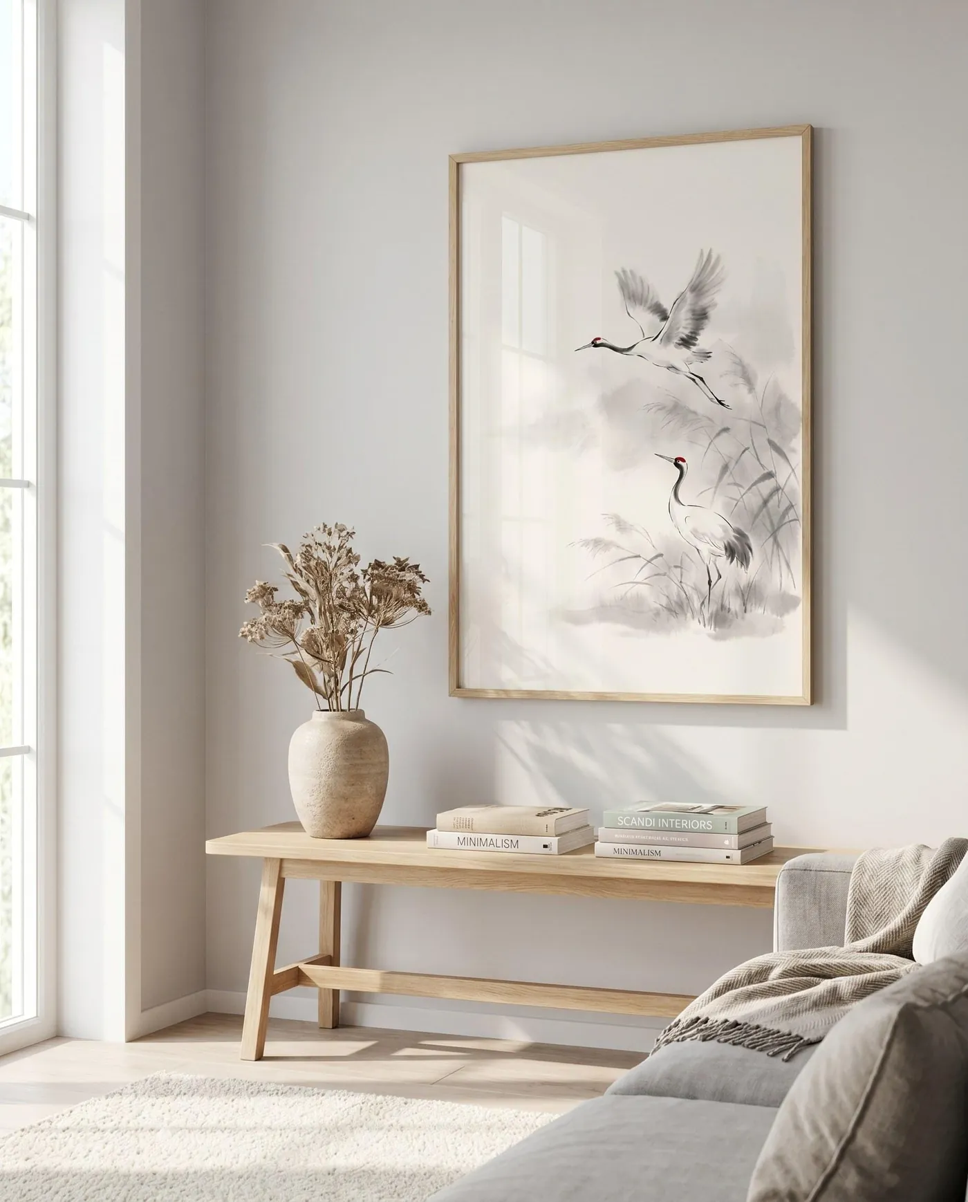Japanese Wall Art | Red Crowned Cranes Japandi Sumi-e Ink Print | Black and White Zen Decor | Digital Download