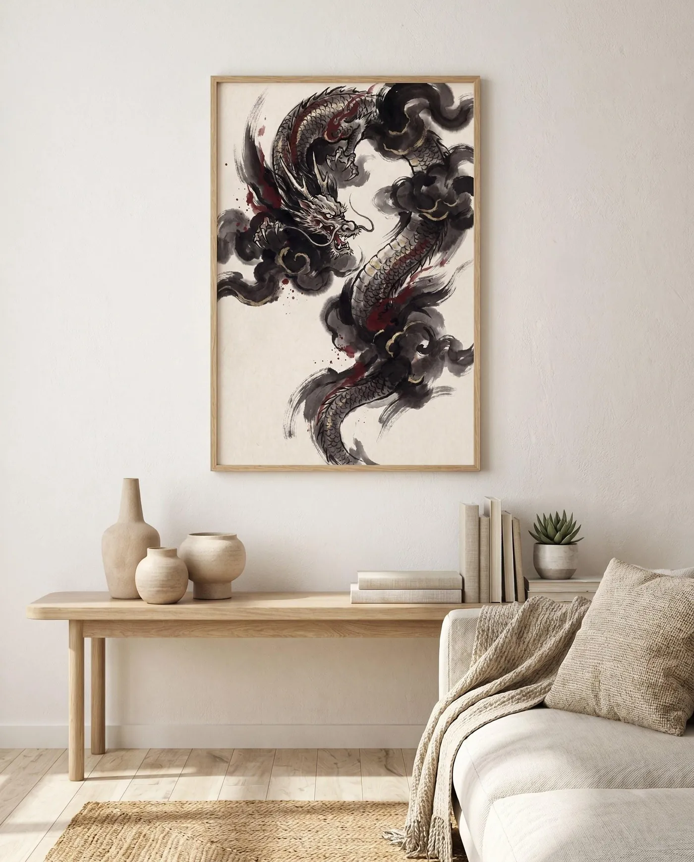 Japanese Dragon Wall Art | Mythical Storm Clouds Sumi-e Ink Print | Black and White Zen Decor | Digital Download