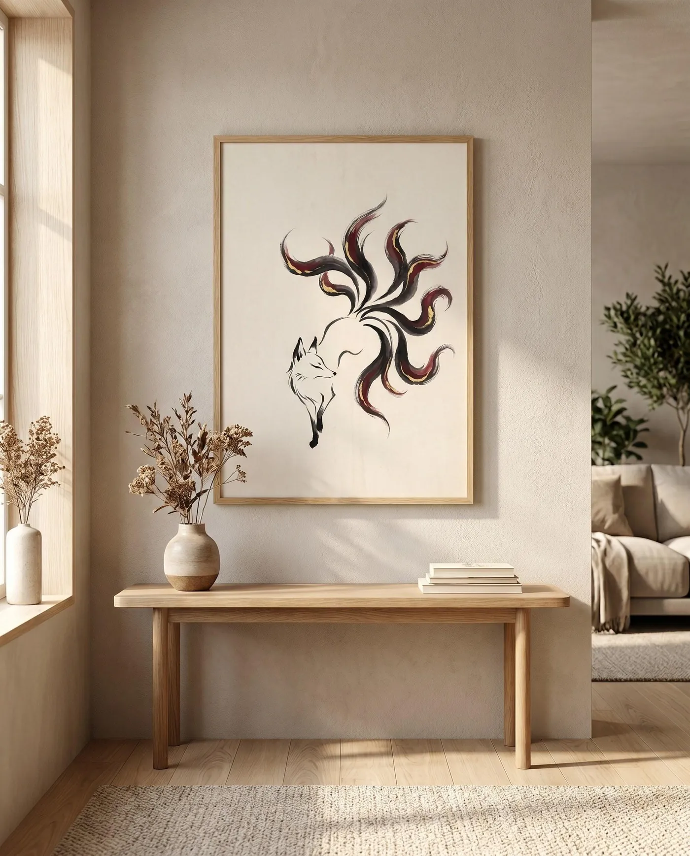 Japanese Wall Art | Folklore Nine Tailed Fox Sumi-e Ink Print | Black and White Zen Decor | Digital Download