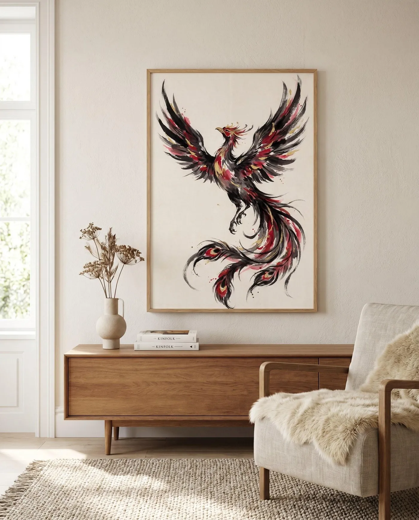 Japanese Wall Art | Phoenix Rising Sumi-e Ink Print | Black and White Zen Decor | Digital Download