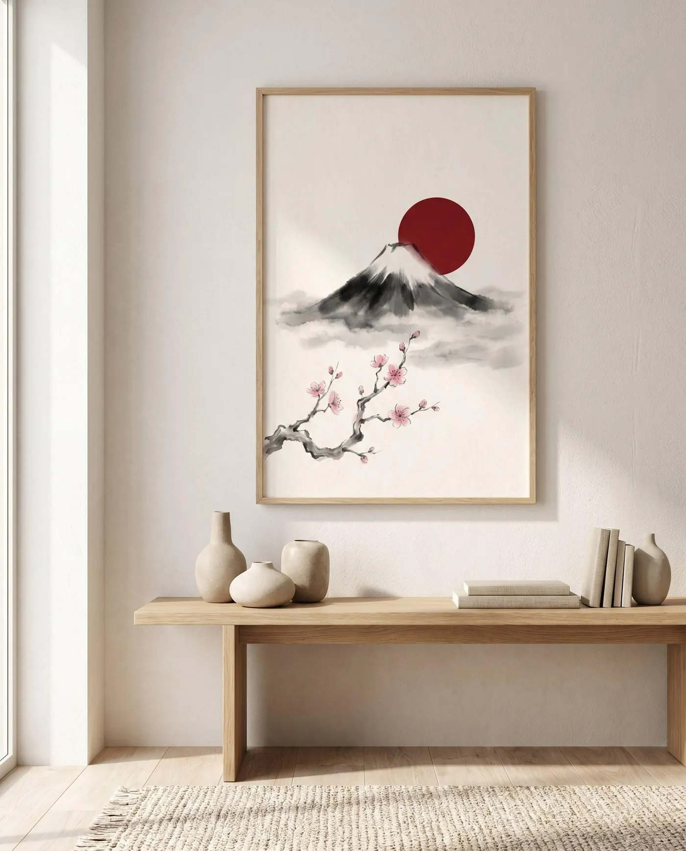 Botanical Wall Art | Mount Fuji Cherry Blossom Sumi-e Ink Print | Black and White Zen Decor | Digital Download