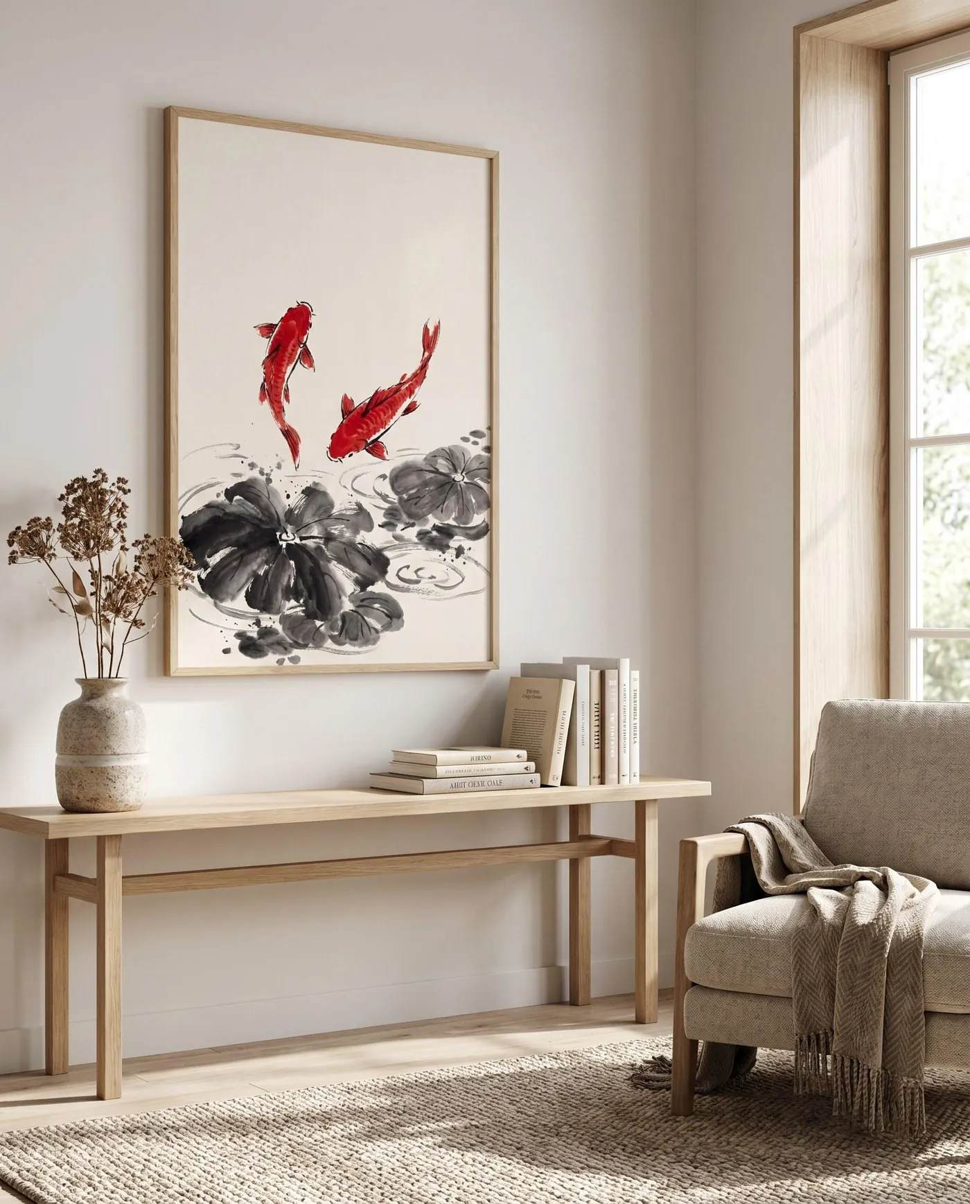 Chinese Wall Art | Selective Color Red Koi Sumi-e Ink Print | Black and White Ink Decor | Digital Download