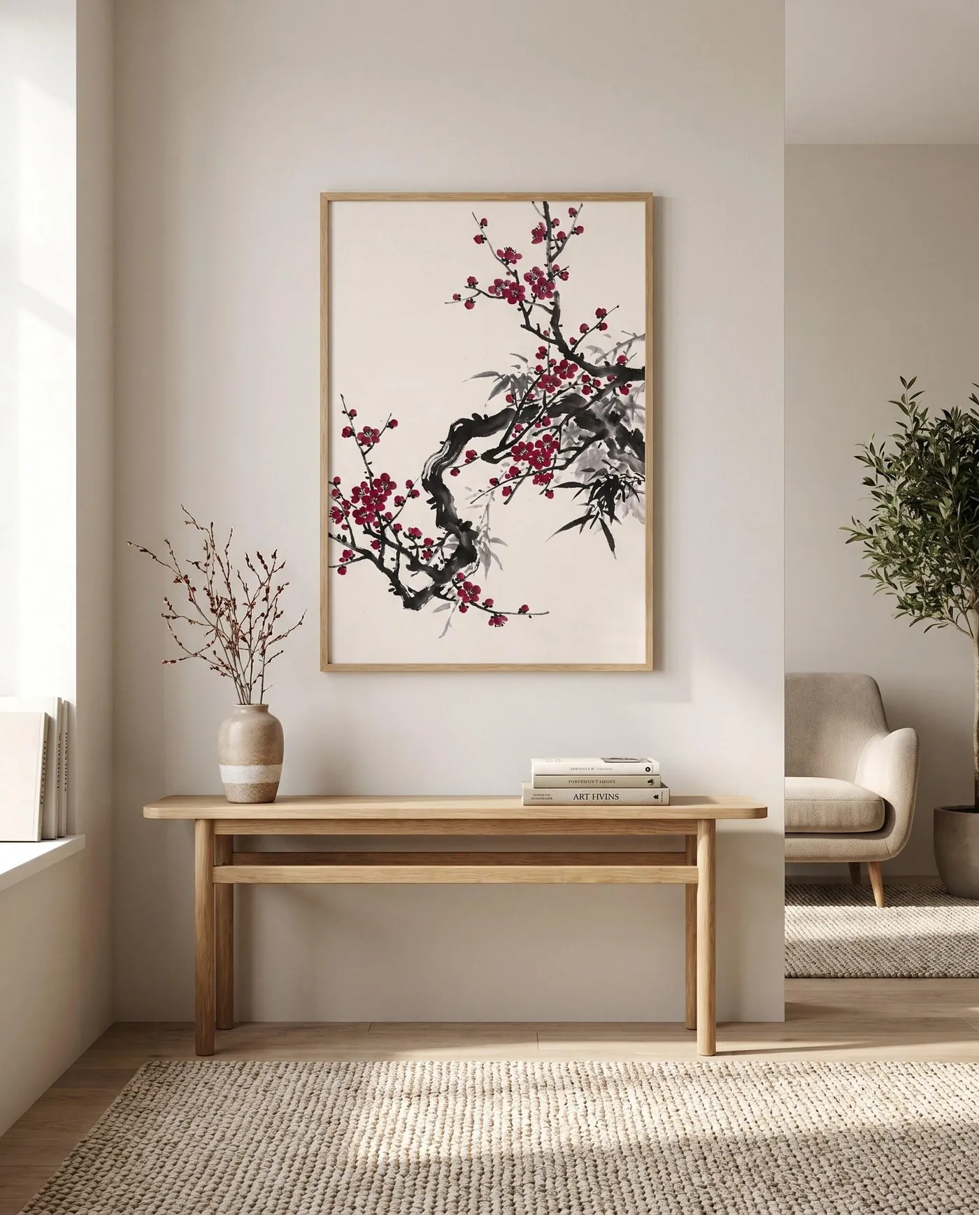Chinese Wall Art | Selective Color Oriental Plum Sumi-e Ink Print | Black and White Ink Decor | Digital Download