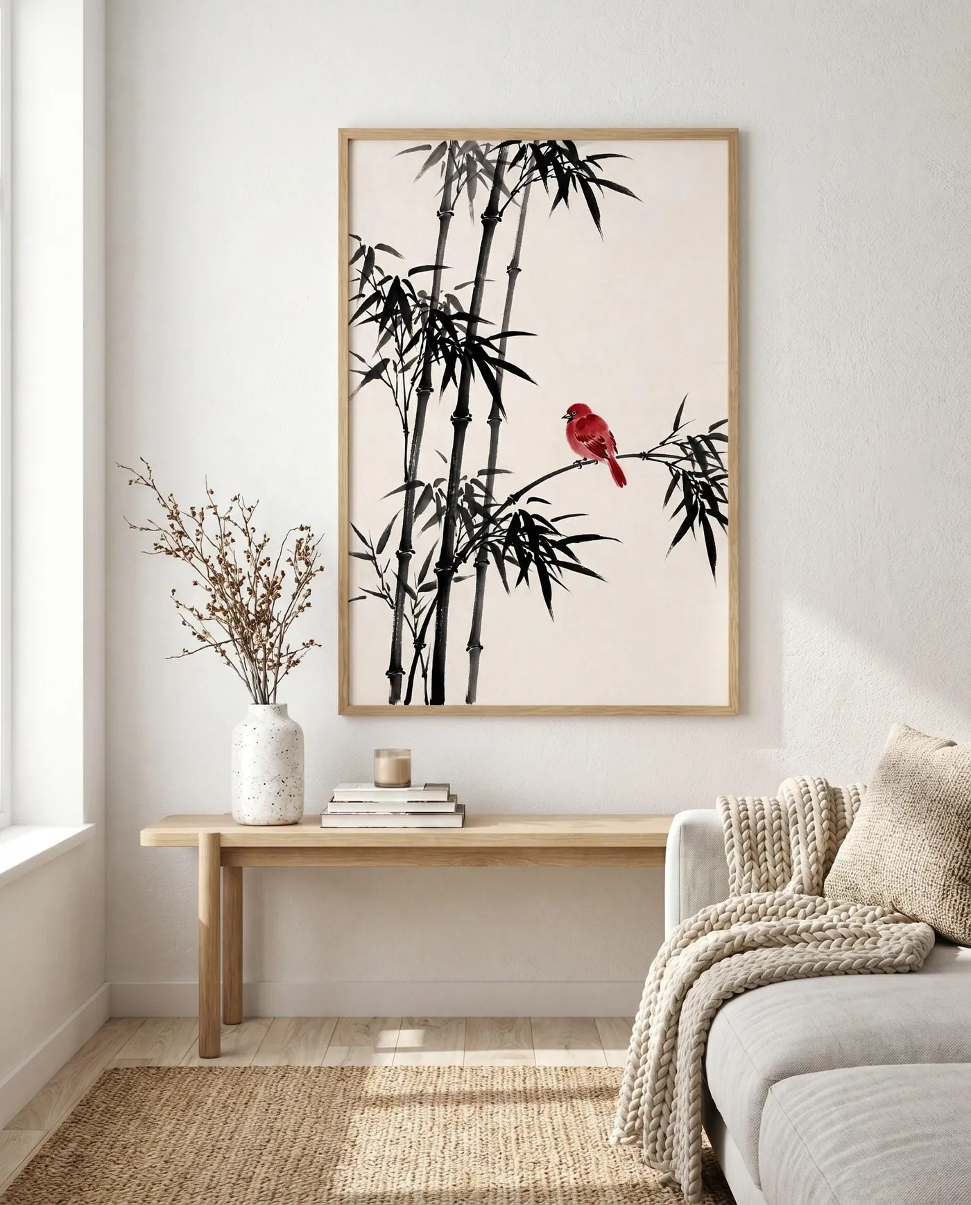 Chinese Wall Art | Selective Color Bamboo Red Sumi-e Ink Print | Black and White Ink Decor | Digital Download