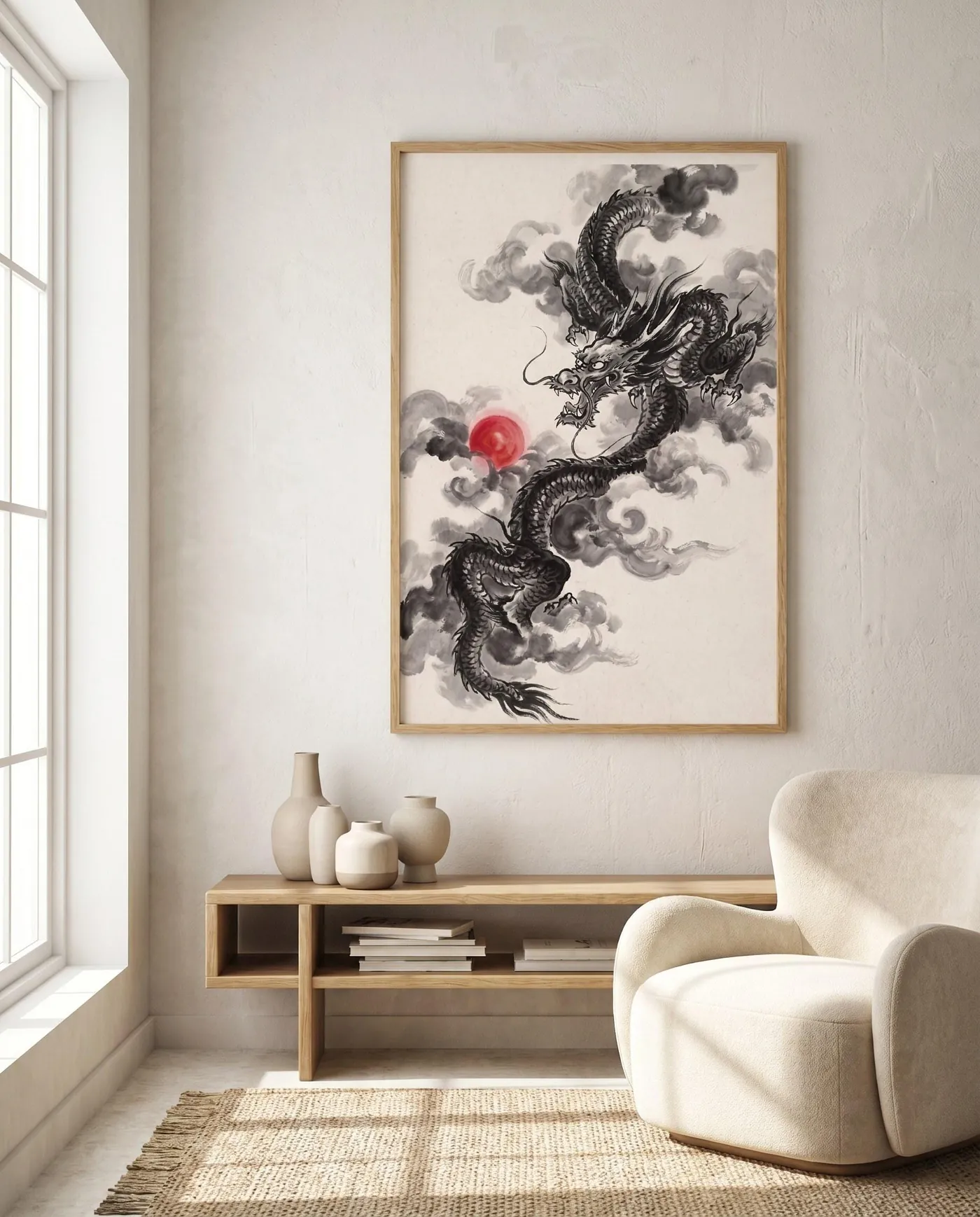 Chinese Dragon Wall Art | Red Flaming Pearl Sumi-e Ink Print | Black and White Ink Decor | Digital Download