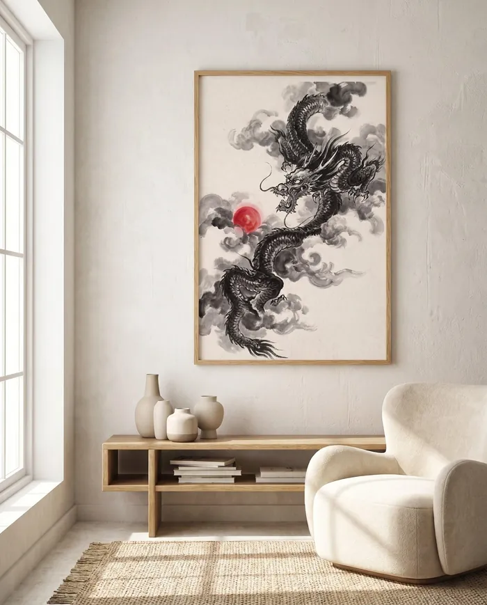 Chinese Dragon Wall Art | Red Flaming Pearl Sumi-e Ink Print | Black and White Ink Decor | Digital Download