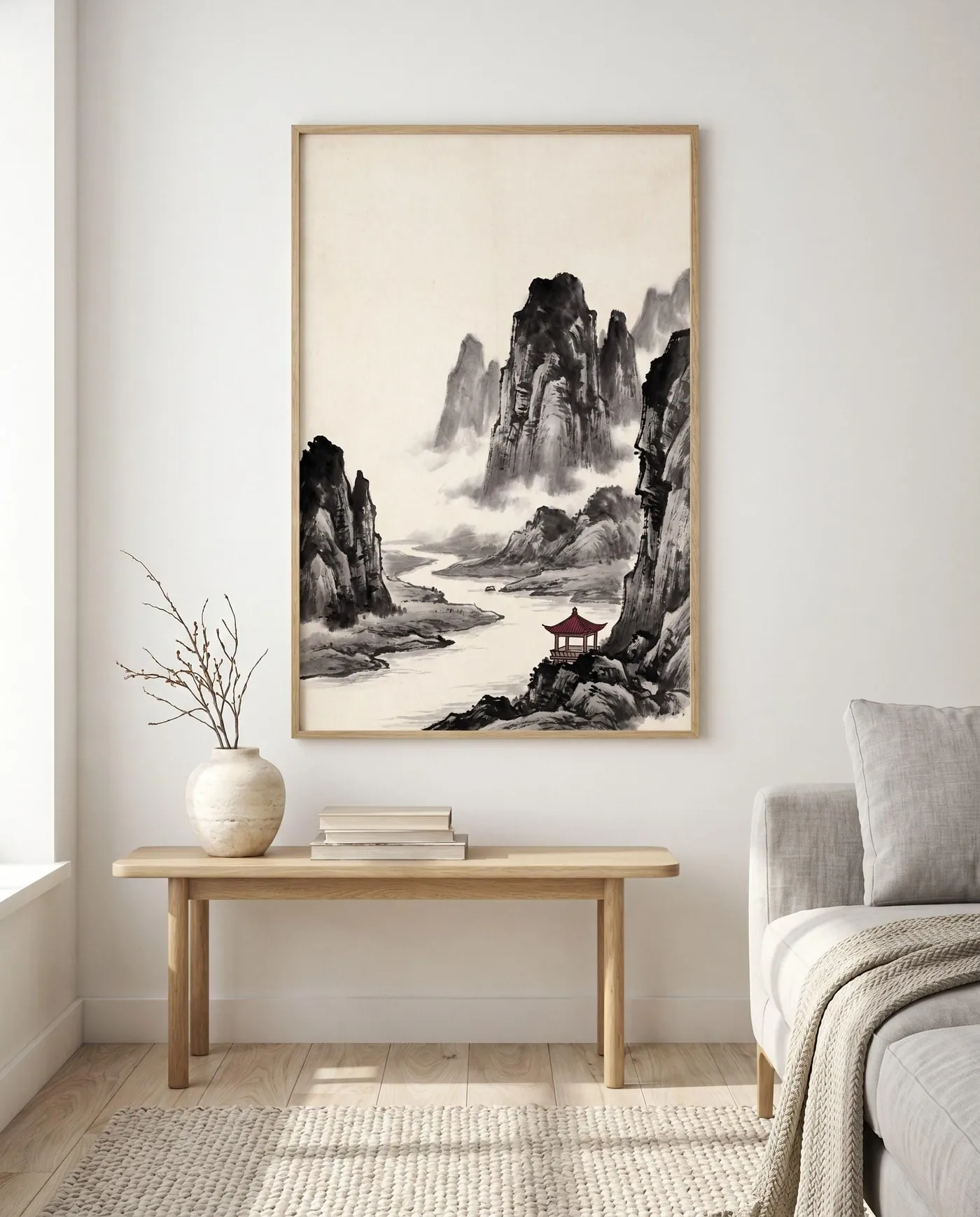 Japanese Landscape Art | Red Pavilion Misty Mountains Sumi-e Ink Print | Black and White Zen Decor | Digital Download
