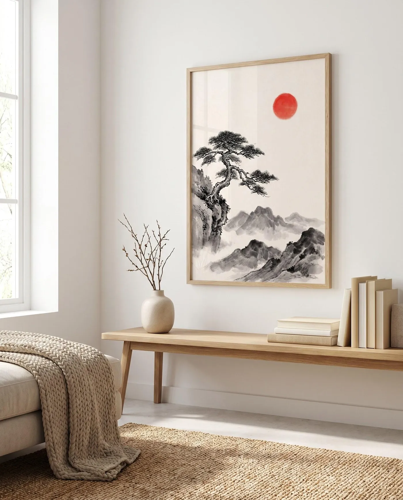 Chinese Landscape Art | Pine Mountain Red Sun Sumi-e Ink Print | Black and White Ink Decor | Digital Download