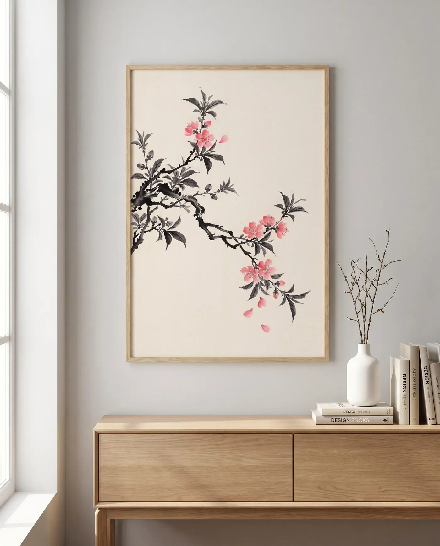 Chinese Wall Art | Oriental Peach Blossom Branch Sumi-e Ink Print | Black and White Ink Decor | Digital Download