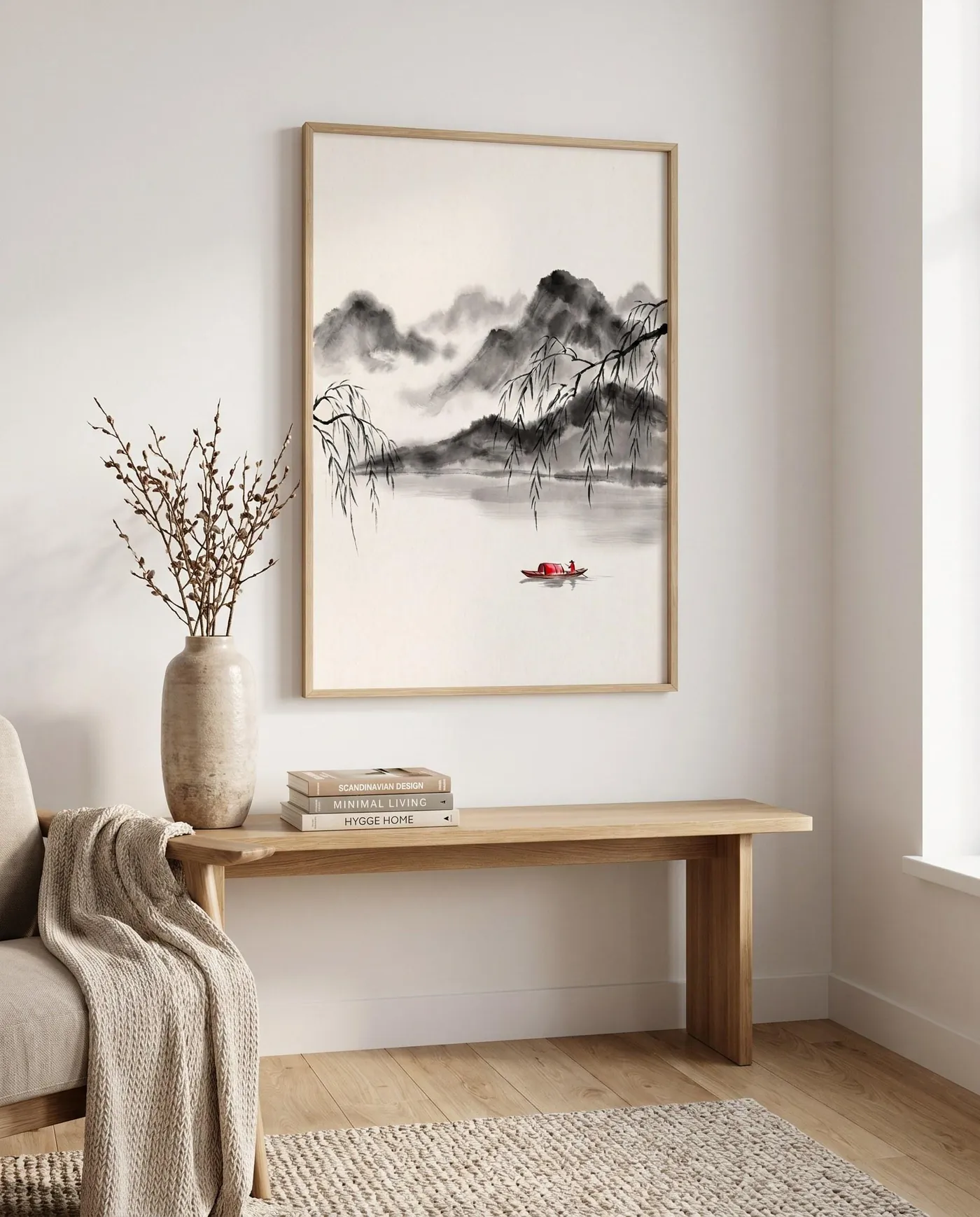 Chinese Landscape Art | Willow River Red Boat Sumi-e Ink Print | Black and White Ink Decor | Digital Download