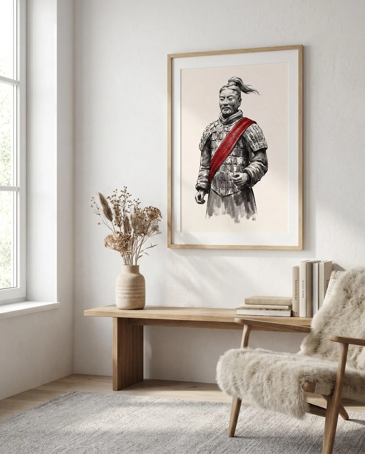 Samurai Wall Art | Selective Color History Terracotta Sumi-e Ink Print | Black and White Zen Decor | Digital Download