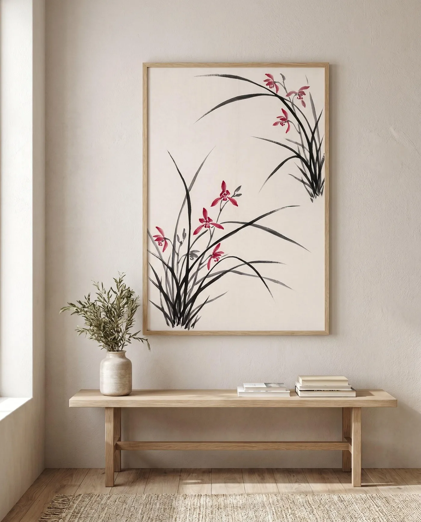 Botanical Wall Art | Red Blossoms Orchid Sumi-e Ink Print | Black and White Zen Decor | Digital Download | Printable Wall Art