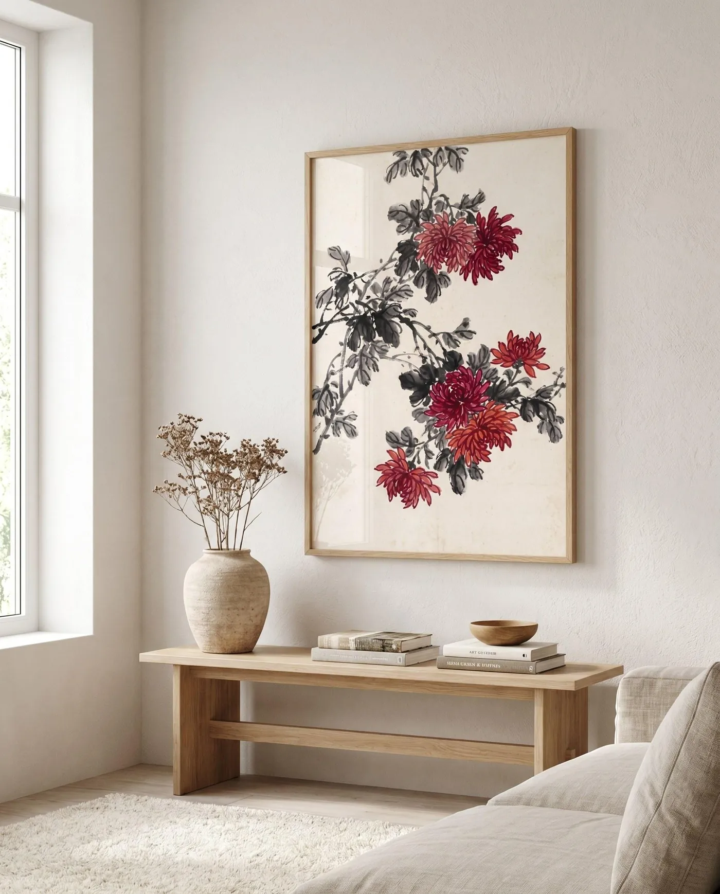Botanical Wall Art | Red Flowers Autumn Grace Sumi-e Ink Print | Black and White Zen Decor | Digital Download