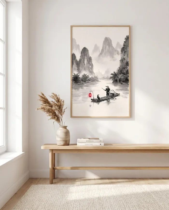 Japanese Landscape Art | Red Guilin Li River Sumi-e Ink Print | Black and White Zen Decor | Digital Download