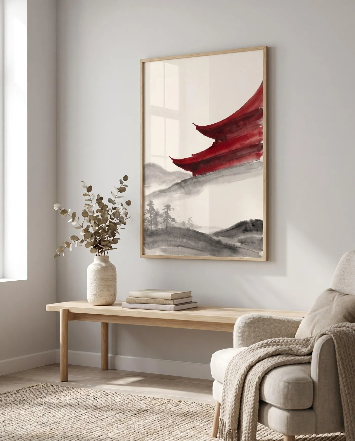 Chinese Wall Art | Red Selective Color Forbidden City Sumi-e Ink Print | Black and White Ink Decor | Digital Download