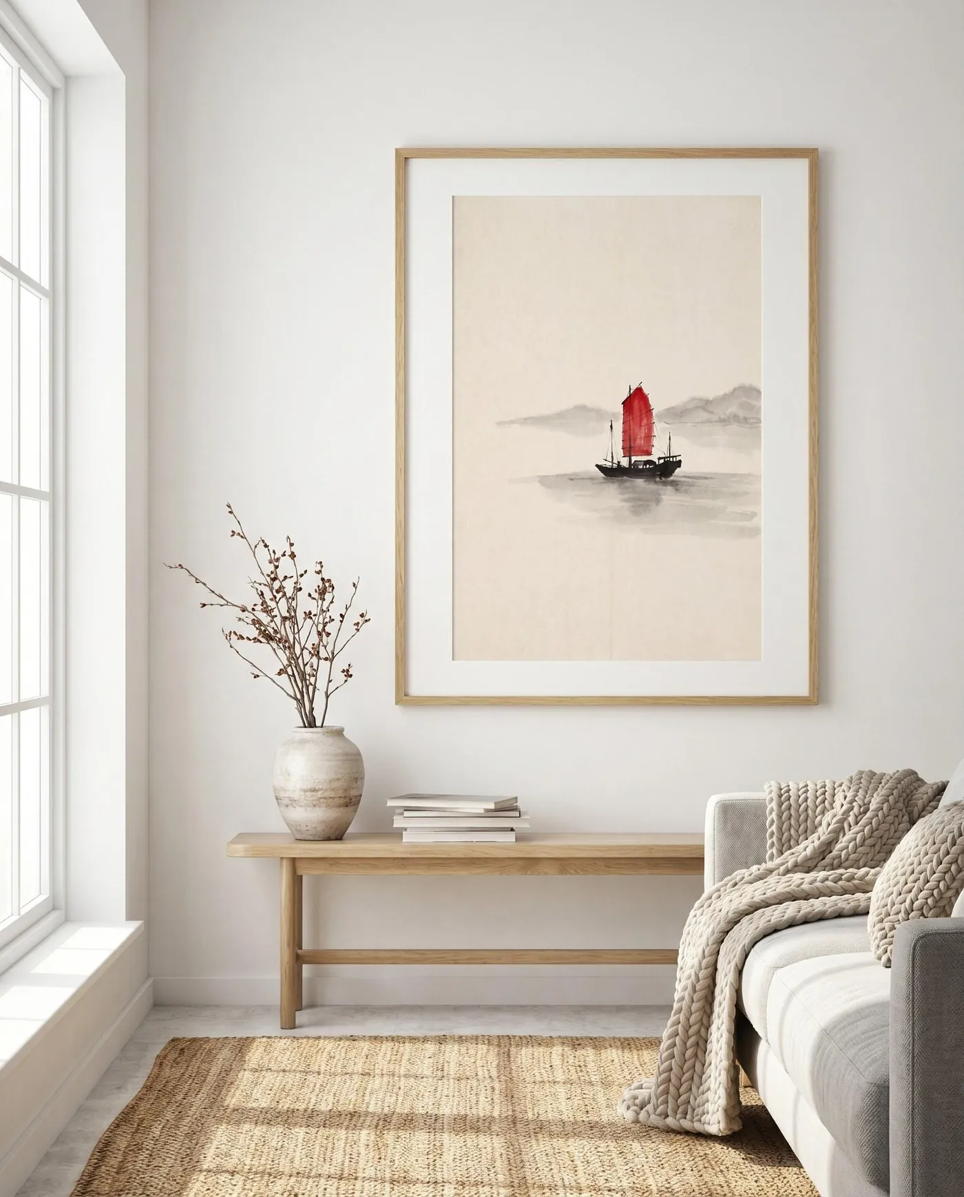 Chinese Landscape Art | Red Sail Selective Color Sumi-e Ink Print | Black and White Ink Decor | Digital Download