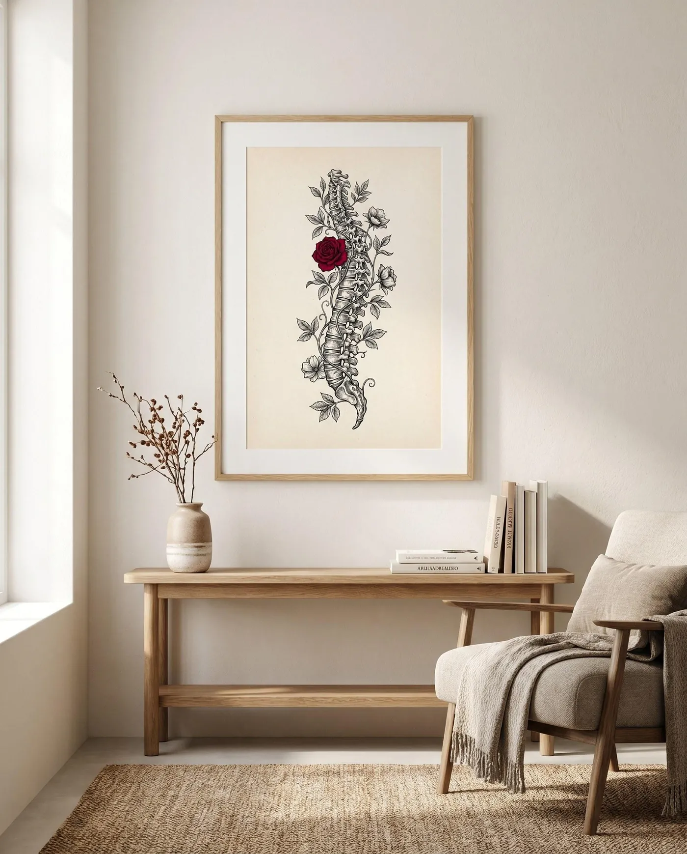 Botanical Wall Art | Red Spine Flowers Anatomy Sumi-e Ink Print | Black and White Zen Decor | Digital Download