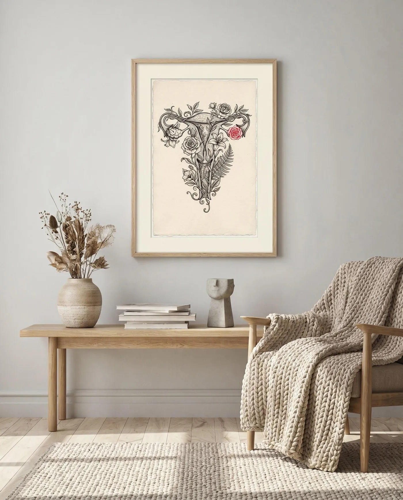 Botanical Wall Art | Anatomical Floral Uterus Anatomy Sumi-e Ink Print | Black and White Zen Decor | Digital Download