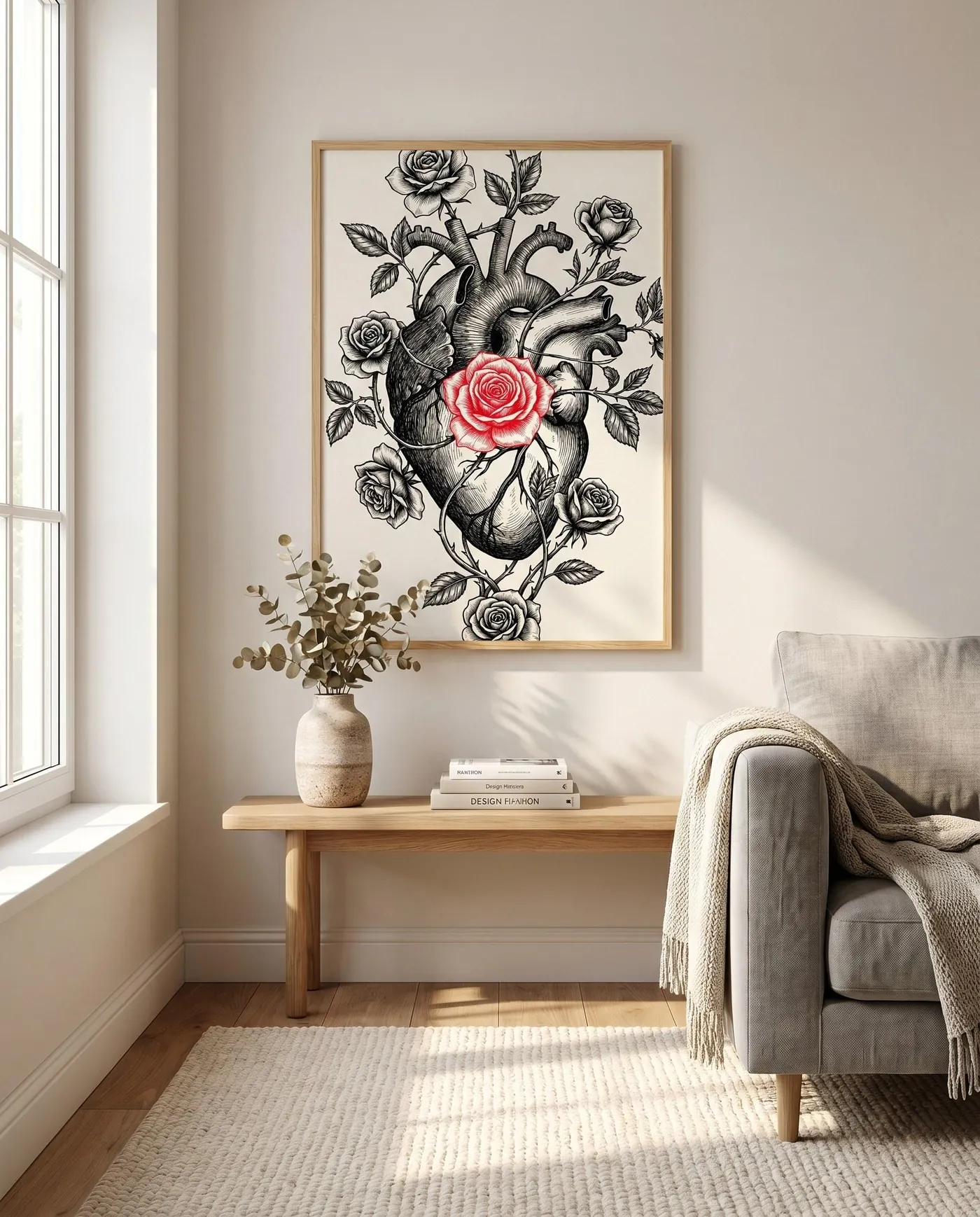 Botanical Wall Art | Red Anatomical Heart Roses Sumi-e Ink Print | Black and White Zen Decor | Digital Download