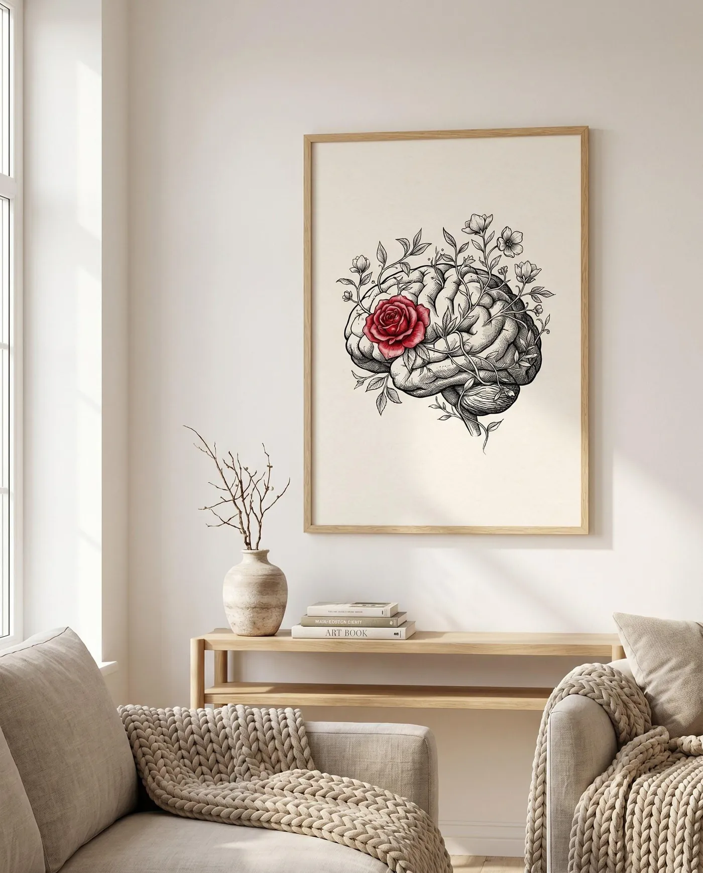 Botanical Wall Art | Drawing Floral Brain Anatomy Sumi-e Ink Print | Black and White Zen Decor | Digital Download