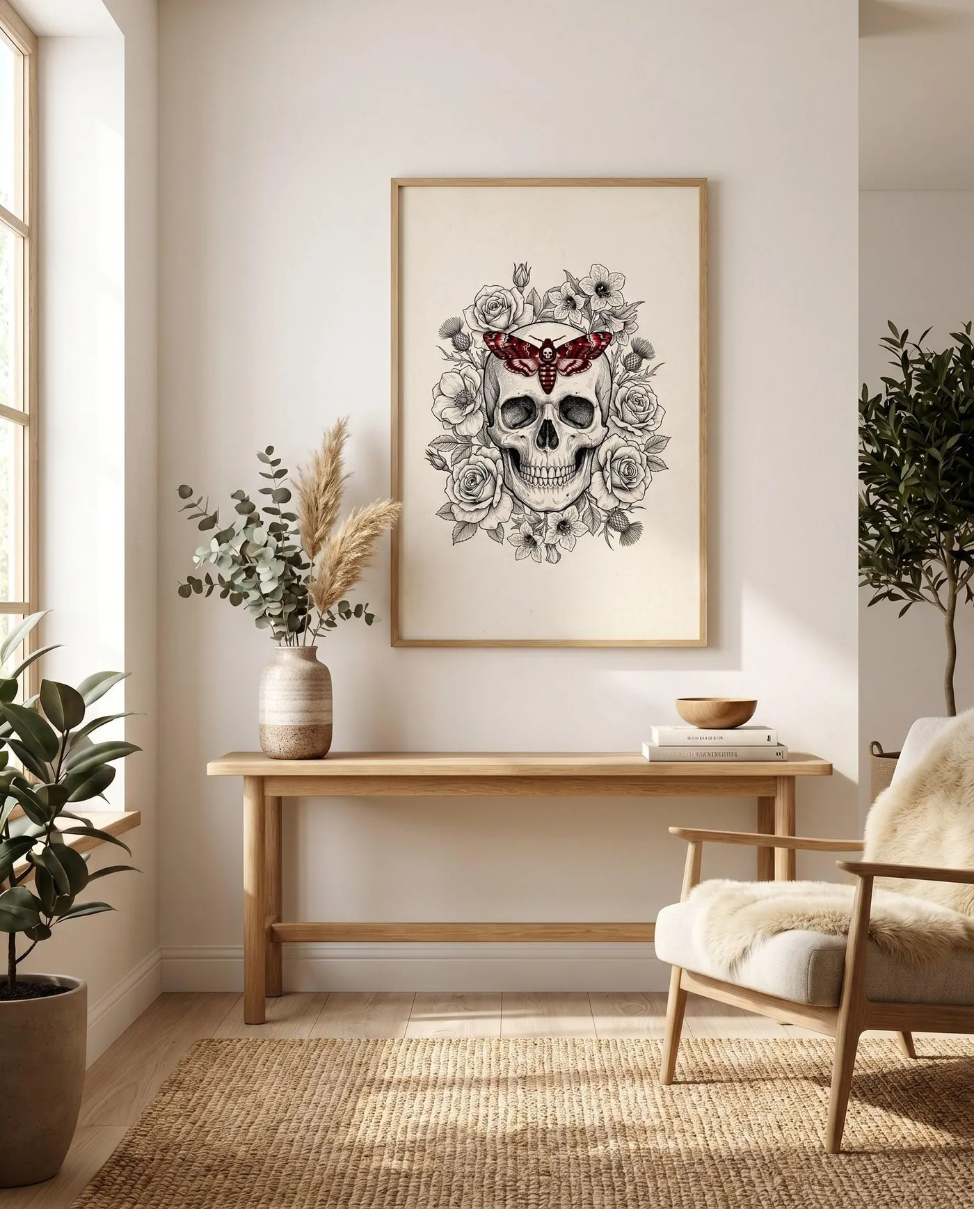 Japanese Wall Art | Gothic Skull Death Head Sumi-e Ink Print | Black and White Zen Decor | Digital Download