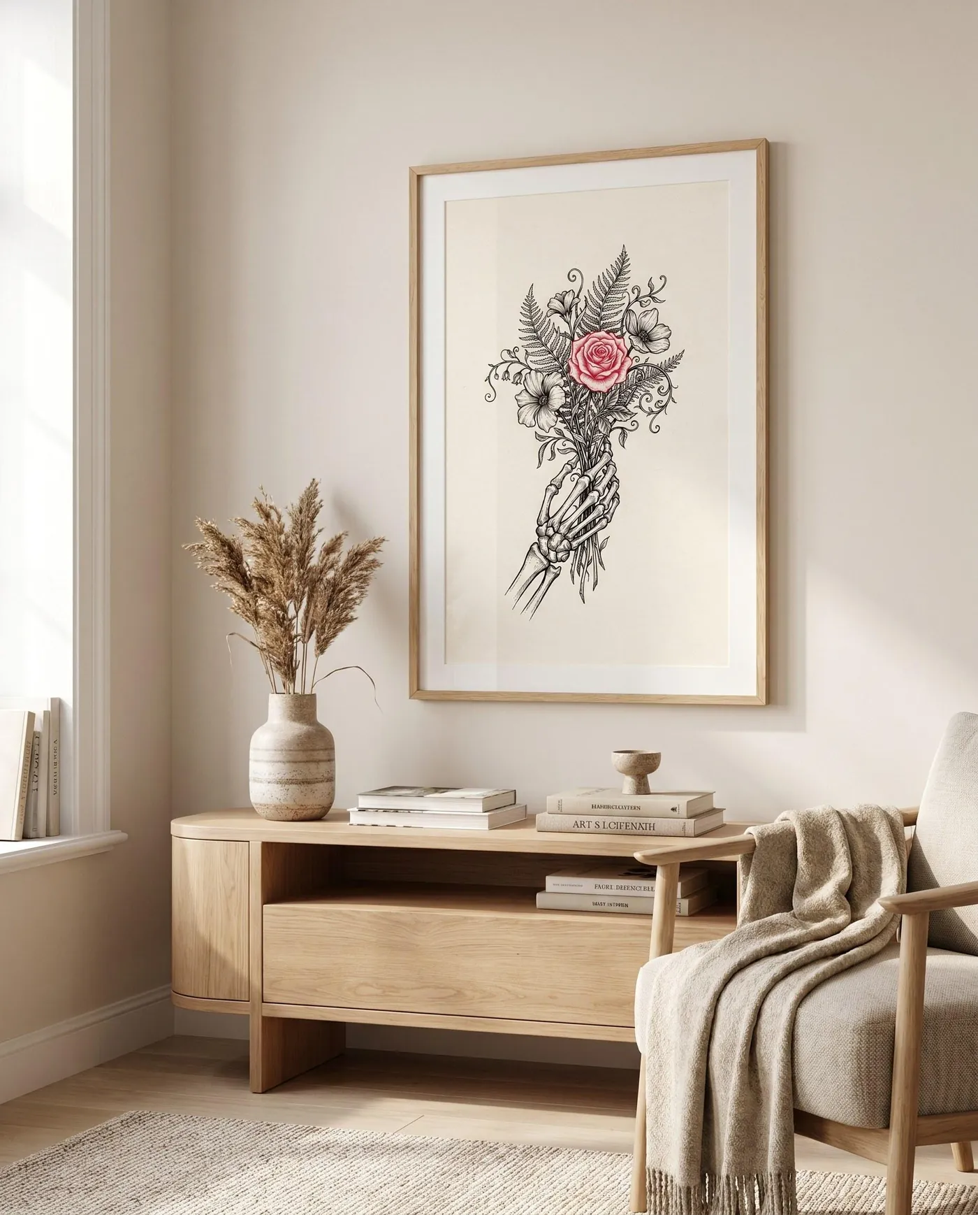 Botanical Wall Art | Anatomy Skeleton Hand Flower Sumi-e Ink Print | Black and White Zen Decor | Digital Download