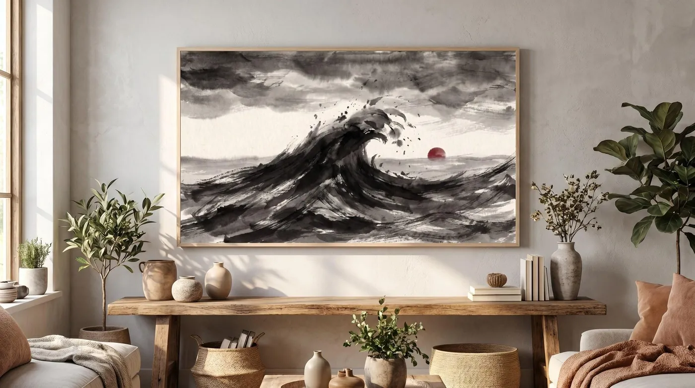 Japanese Landscape Art | Samsung Frame TV Stormy Sumi-e Ink Print | Black and White Zen Decor | Digital Download