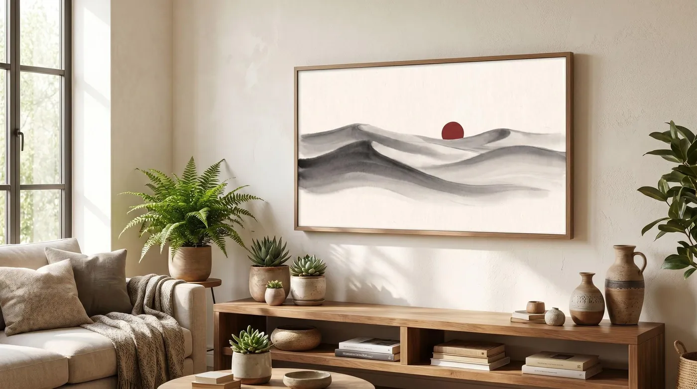Japanese Landscape Art | Desert Dunes Red Sun Sumi-e Ink Print | Black and White Zen Decor | Digital Download