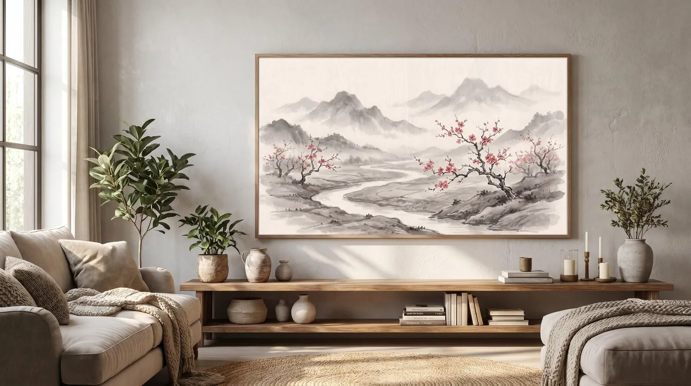 Botanical Wall Art | Cinematic Landscape Cherry Blossom Sumi-e Ink Print | Black and White Zen Decor | Digital Download
