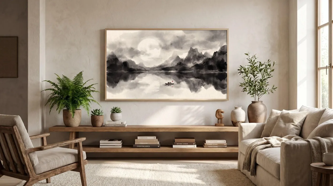 Japanese Landscape Art | Moonlit Lake Samsung Frame Sumi-e Ink Print | Black and White Zen Decor | Digital Download