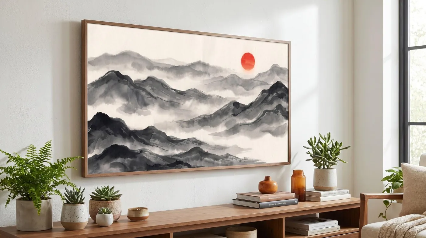 Japanese Landscape Art | Samsung Frame TV Misty Sumi-e Ink Print | Black and White Zen Decor | Digital Download