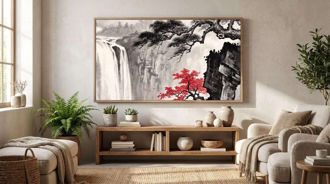 Japanese Landscape Art | Waterfall Gorge Samsung Frame Sumi-e Ink Print | Black and White Zen Decor | Digital Download