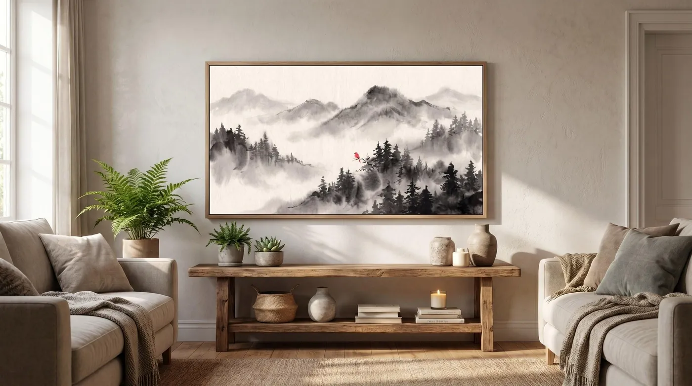Japanese Landscape Art | Samsung Frame TV Foggy Sumi-e Ink Print | Black and White Zen Decor | Digital Download