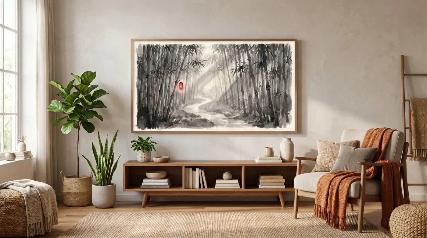 Botanical Wall Art | Misty Serene Landscape Red Sumi-e Ink Print | Black and White Zen Decor | Digital Download
