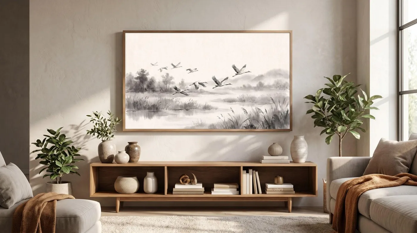 Japanese Wall Art | Samsung Frame TV Cranes Sumi-e Ink Print | Black and White Zen Decor | Digital Download