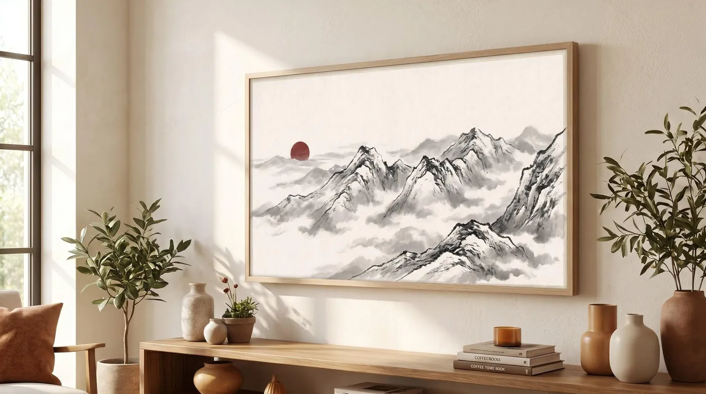 Japanese Wall Art | Majestic Mountains Clouds Red Sumi-e Ink Print | Black and White Zen Decor | Digital Download