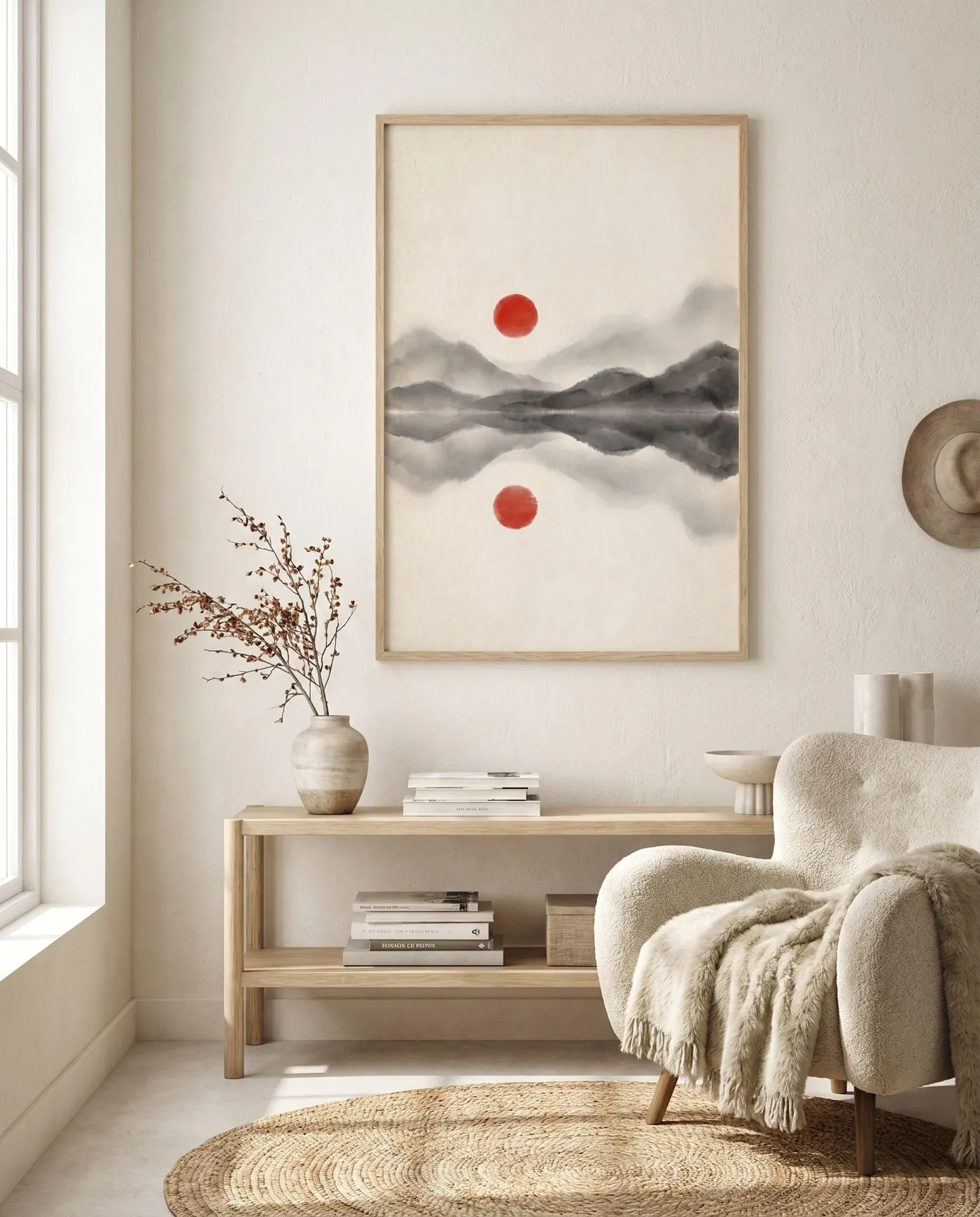 Japanese Landscape Art | Misty Mountains Lake Reflection Sumi-e Ink Print | Black and White Zen Decor | Digital Download