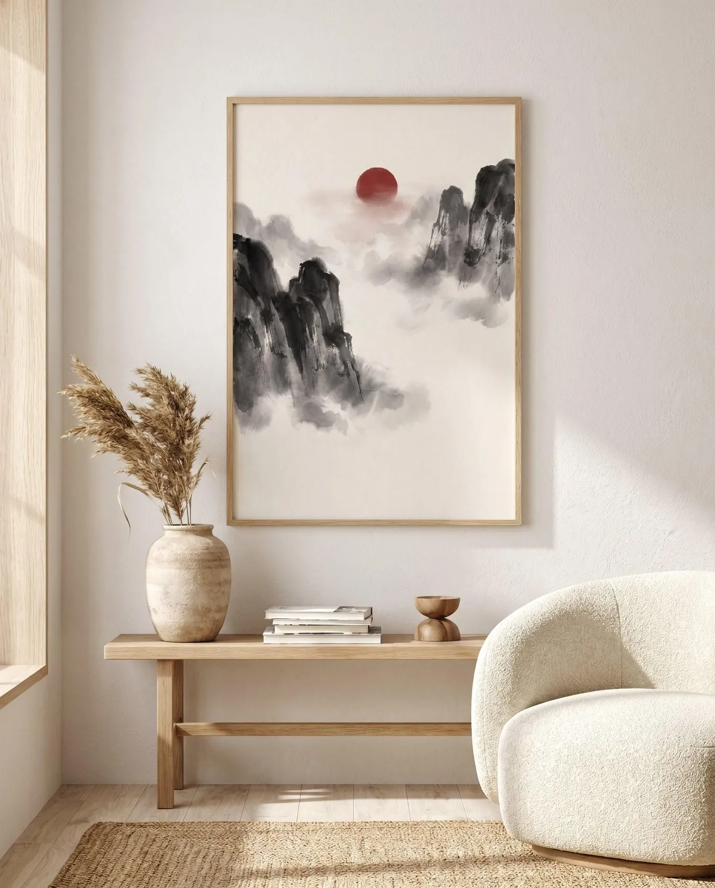 Japanese Landscape Art | Karst Cliffs Fog Red Sumi-e Ink Print | Black and White Zen Decor | Digital Download